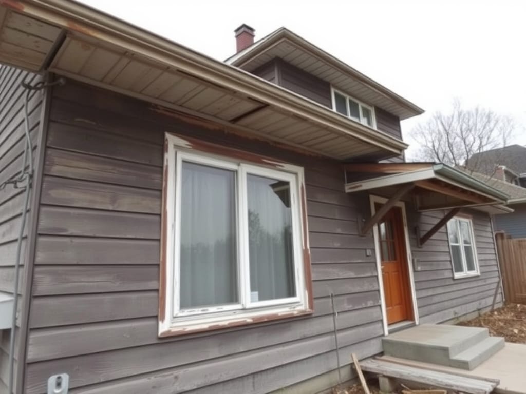 Before: Weathered home exterior needing renovation